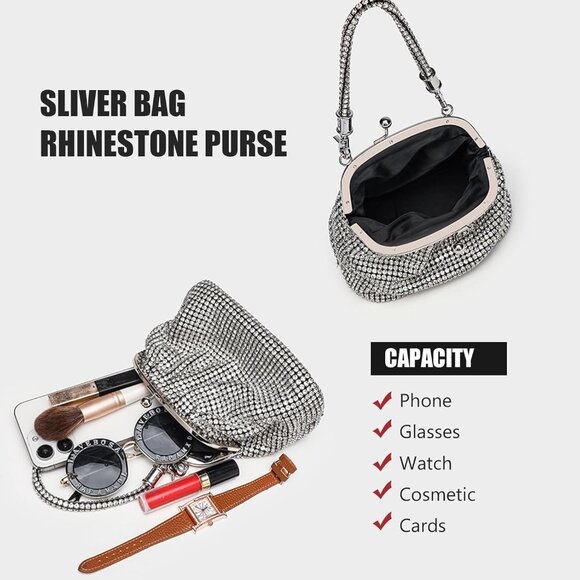 Women A2-Silver Rhinestone Purse Sparkly Evening Glitter Shoulder Bags for Party - Picture 6 of 6